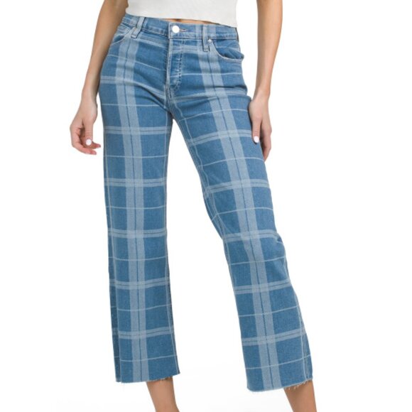 NEW HUDSON women Rosie High Rise Wide Leg Ankle Jeans in Plaid Indigo 825 7t3 - Picture 1 of 11